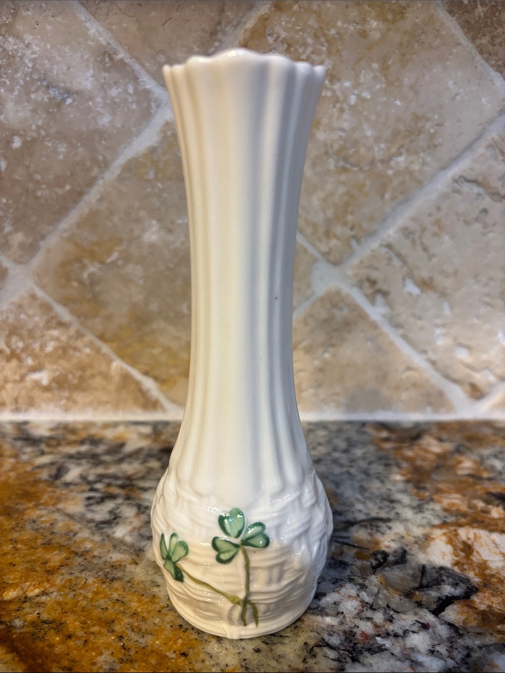 Belleek Bud Vase with Green Shamrock Accents